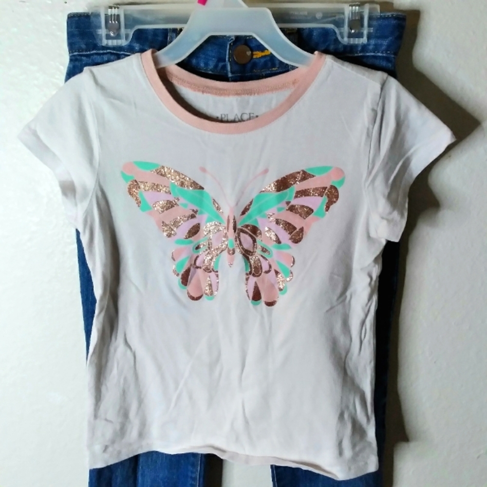 Children's Place White Glitter Graphic Butterfly T-shirt